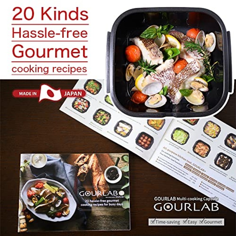 GOURLAB+ 전자레인지 조리기구 6 in 1 연중무휴 조리기구 냉동고 및 오븐 안전, 일본식 밥솥, 라면 전자레인지 찜기 전자레인지 베이컨 밥솥(검은색) - Made in Japan