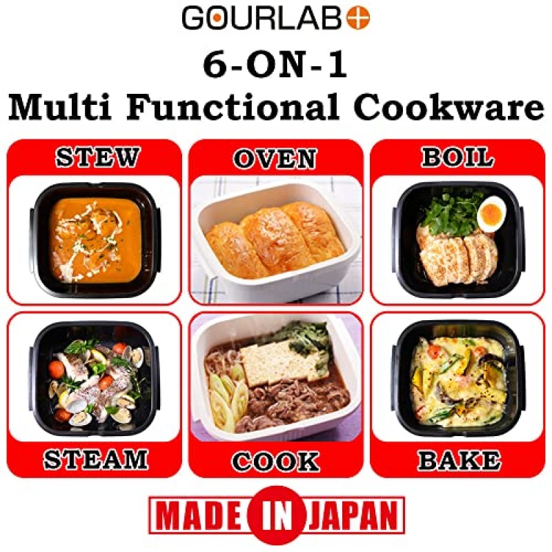 GOURLAB+ 전자레인지 조리기구 6 in 1 연중무휴 조리기구 냉동고 및 오븐 안전, 일본식 밥솥, 라면 전자레인지 찜기 전자레인지 베이컨 밥솥(검은색) - Made in Japan