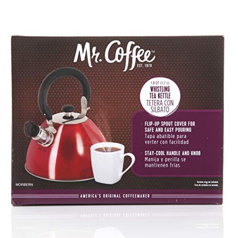 Mr. Coffee Morbern 1.8쿼트 스테인리스 스틸 휘파람 차 주전자, 레드