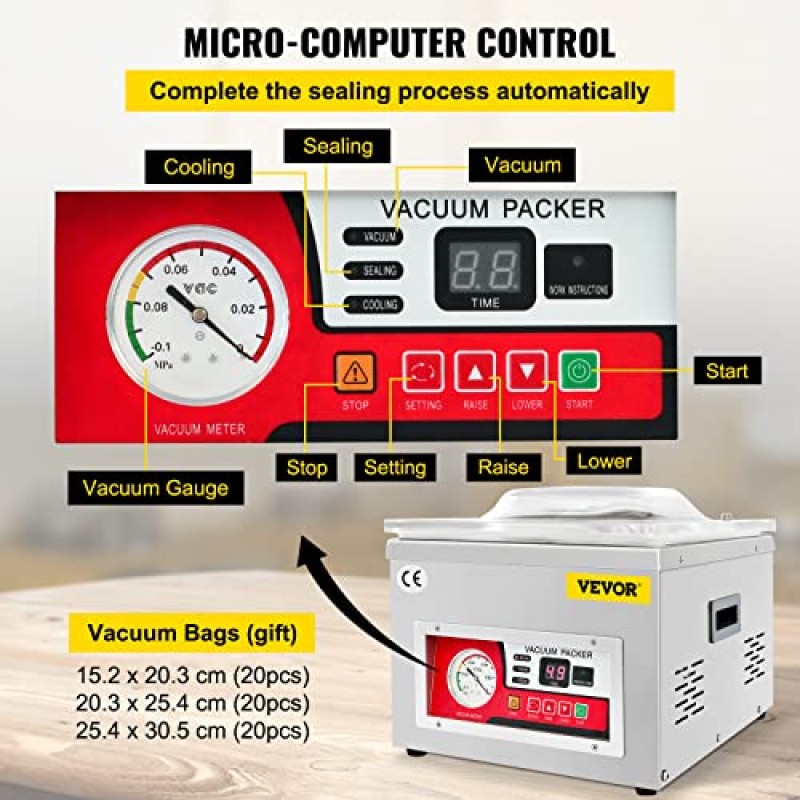 VEVOR 챔버 진공 실러, DZ-260A 6.5m3/h 펌프 속도, 자동 제어로 우수한 밀봉 효과, 신선한 고기용 110V 주방 포장 기계, 과일 보호기, 가정용, 상업용