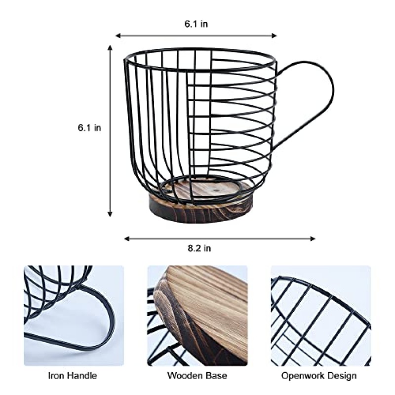 Storcfe 커피 포드 홀더 검정색, 목재 베이스가 있는 조리대용 대용량 와이어 Kup 보관 홀더, Keurig Kcup 보관 및 에스프레소 캡슐 홀더용 커피 포드 주최자, 커피 포드 보관