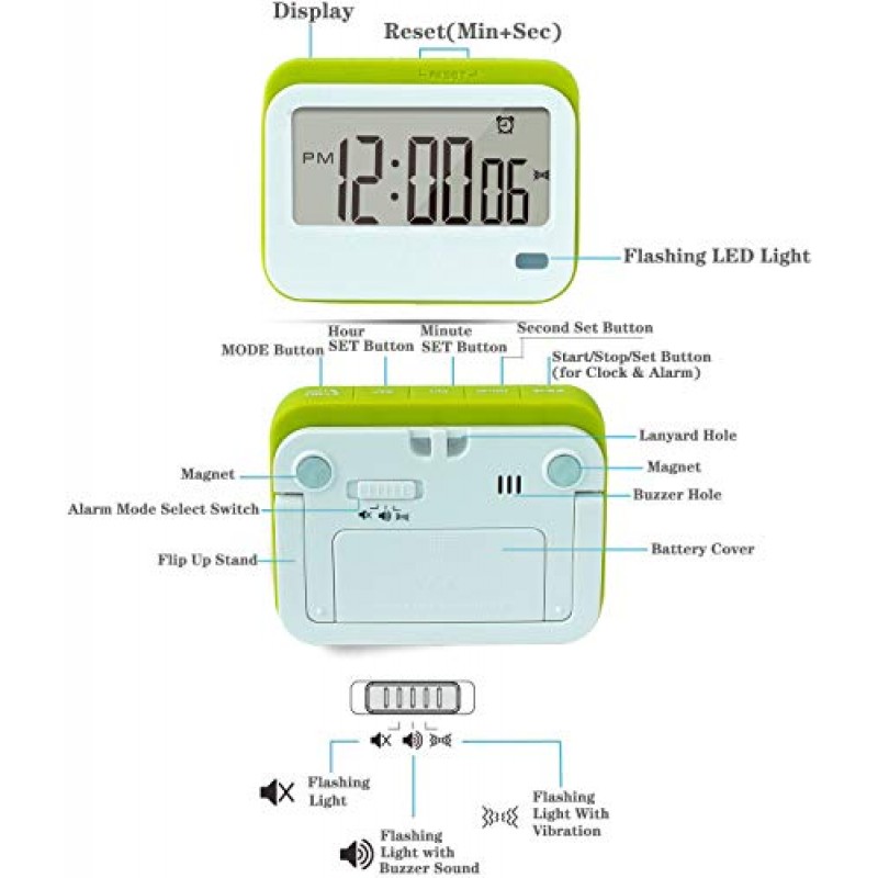 디지털 주방 타이머, 알람 시계, 스톱워치, 큰 숫자, 시끄러운 알람, 음소거 깜박이는 조명 및 자석 스탠드. 회의 시간 관리, 교실 타이머... (녹색)