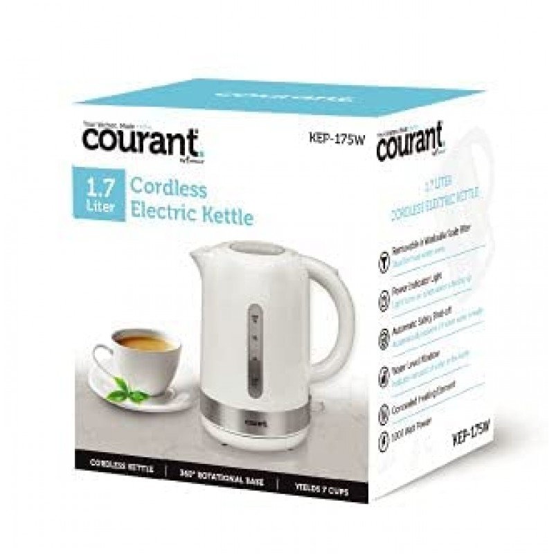 Courant COUKEP175W 1.7리터 무선 전기 주전자, LED 조명, 1000W 전력, 자동 안전 차단, 차/커피/핫 초콜릿/수프/뜨거운 물에 적합, 흰색