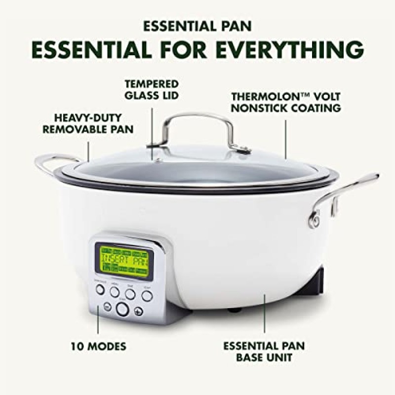 GreenPan Elite Essential 스마트 전기 6QT 프라이팬 냄비, 볶음 볶음 및 밥 요리용 사전 설정, 건강에 좋은 세라믹 논스틱 및 식기세척기 안전 부품, 사용하기 쉬운 LED 디스플레이, 클라우드 크림