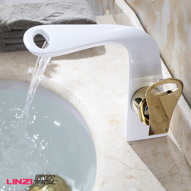 Linzi Hardware OC2001 욕실 폭포 콘센트가 있는 흰색과 검정색 전체 구리 세면기 수도꼭지