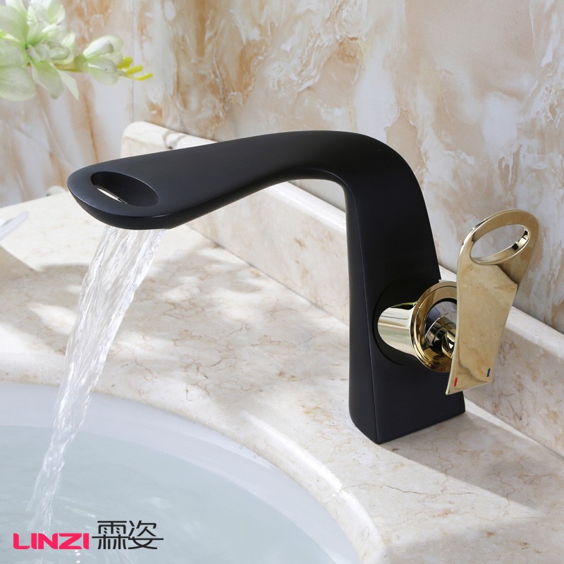 Linzi Hardware OC2001 욕실 폭포 콘센트가 있는 흰색과 검정색 전체 구리 세면기 수도꼭지