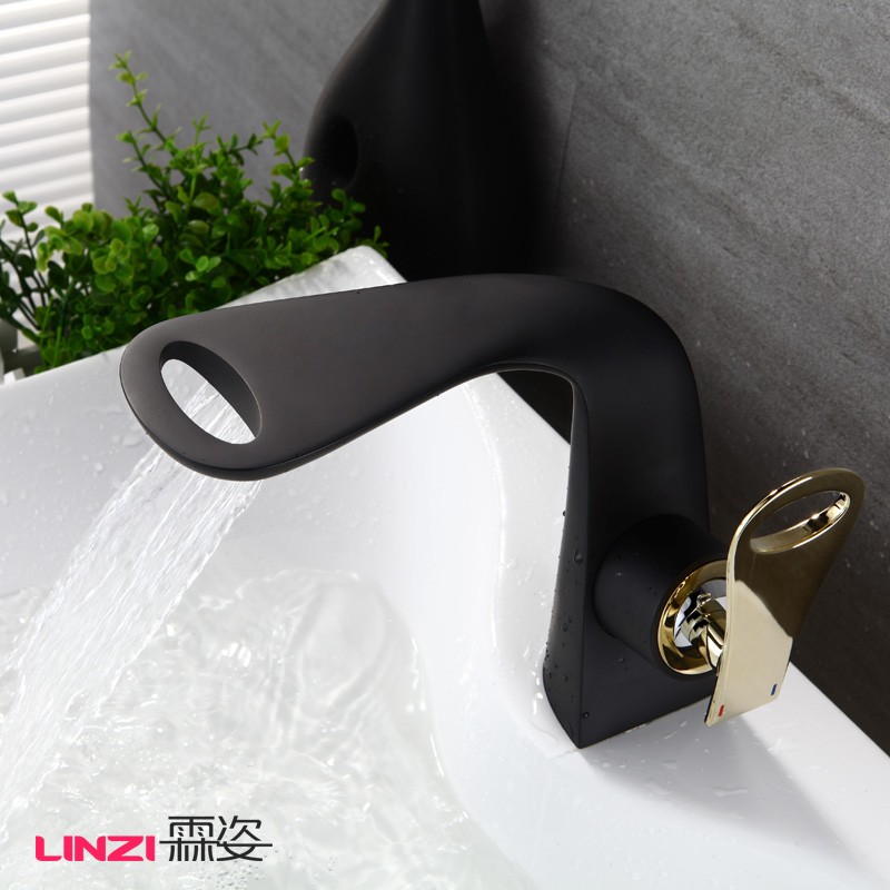 Linzi Hardware OC2001 욕실 폭포 콘센트가 있는 흰색과 검정색 전체 구리 세면기 수도꼭지