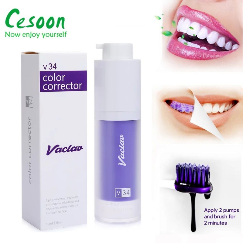 V34 Pro 보라색 치아 미백 무스 노란색 치아 청소