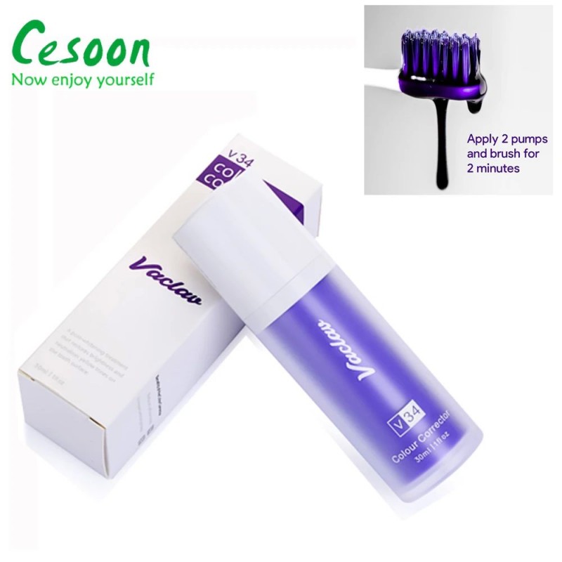 V34 Pro 보라색 치아 미백 무스 노란색 치아 청소