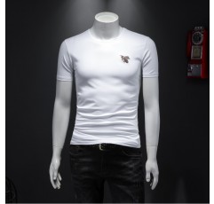 남성용 반팔 티셔츠 2021 새로운 여름 트렌드 슬림핏 작은 꿀벌 자수 단색 단순 반팔 남성용 셔츠