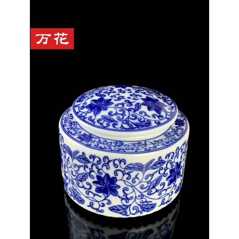 Jingdezhen 작은 세라믹 차 캔 중국어 파란색과 흰색 원형 미니 밀봉 저장 탱크 휴대용 가정용 반 파운드 패키지