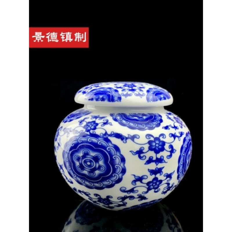 Jingdezhen 작은 세라믹 차 캔 중국어 파란색과 흰색 원형 미니 밀봉 저장 탱크 휴대용 가정용 반 파운드 패키지