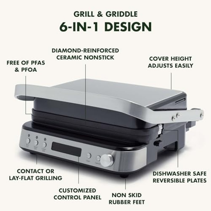 GreenPan 전기 실내 스테인리스 스틸 6-in-1 접촉식 그릴 및 철판, 건강에 좋은 세라믹 논스틱, 식기세척기 사용 가능 양면 플레이트, PFAS 없음