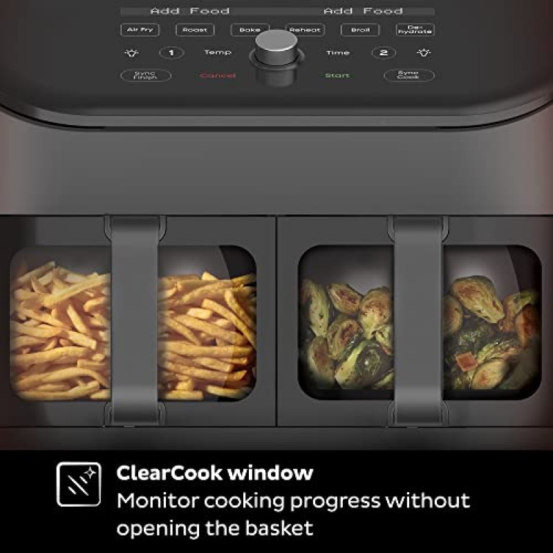 Instant Vortex Plus XL 8쿼트 듀얼 바구니 에어 프라이어 오븐, Instant Pot 제조업체의 독립 프라이팬 바구니 2개, ClearCook 창, 식기세척기 사용 가능 바구니, 100개 이상의 레시피가 포함된 앱, 검정색