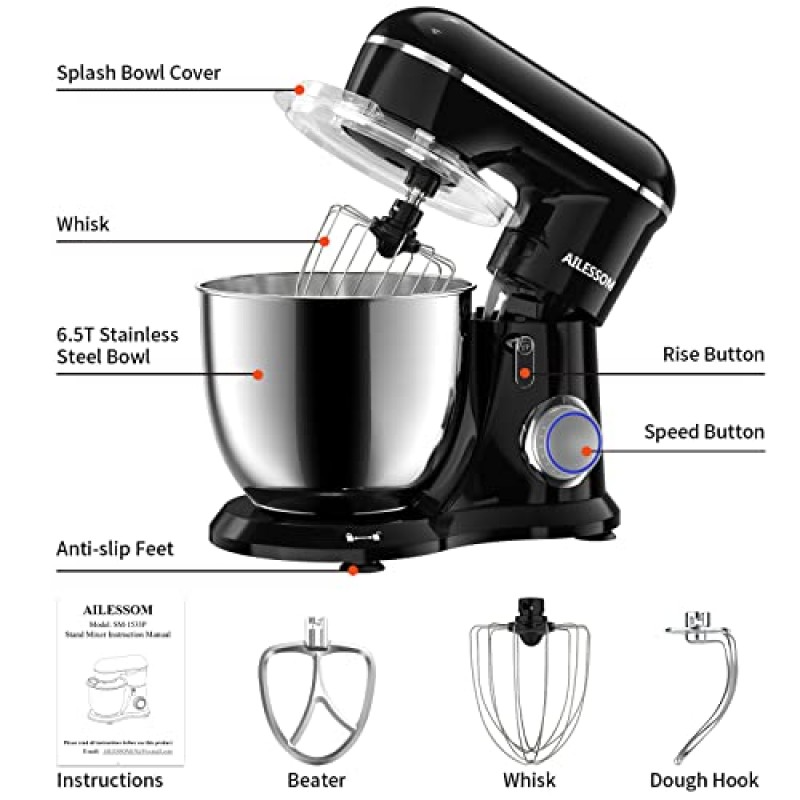 AILESSOM 3-IN-1 전기 스탠드 믹서, 660W 10단 펄스 버튼 포함, 부착물에는 6.5QT 보울, 반죽 후크, 비터, 대부분의 가정 요리사용 거품기, 오닉스 블랙 포함