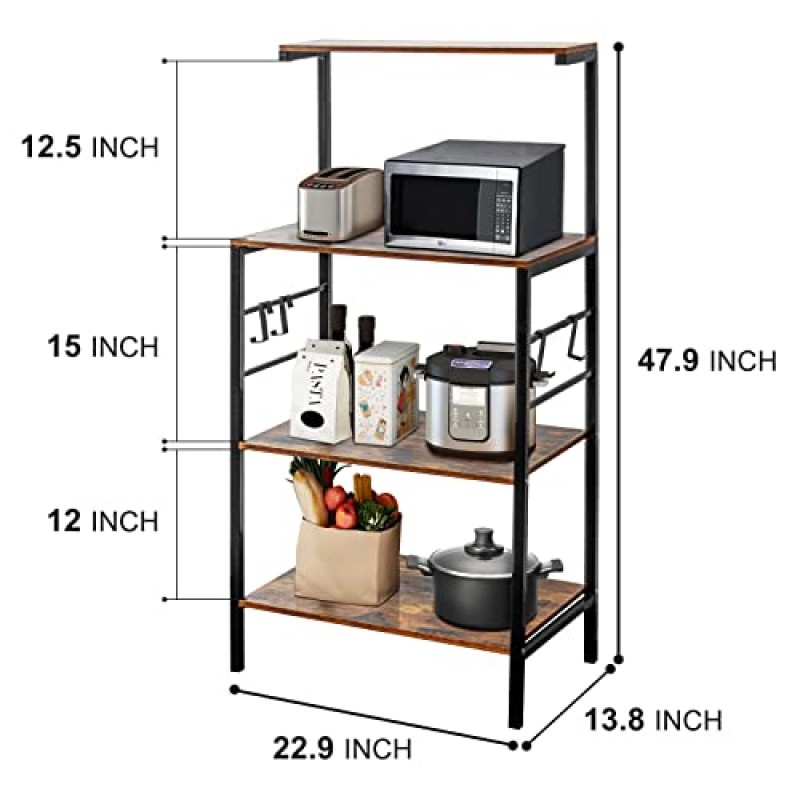 주방용 Sasoiky 베이커 랙, 4단 주방 수납 선반 랙, 전자레인지 카트 커피 바 전자레인지 스탠드 랙(4개 후크 포함), 주방용 베이커 랙(러스틱 브라운)