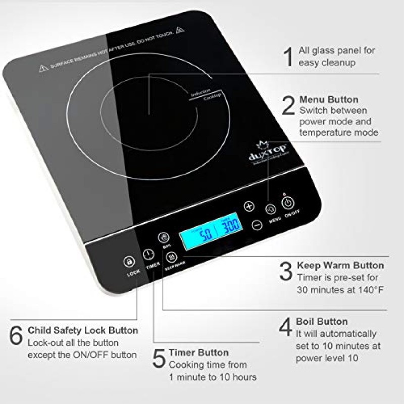 Duxtop 휴대용 인덕션 쿡탑, 조리대 버너 인덕션 핫 플레이트(LCD 센서 터치 포함) 1800와트, 실버 9600LS/BT-200DZ