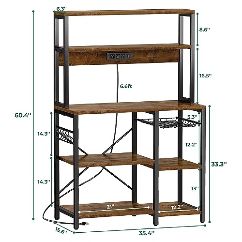 전원 콘센트가 있는 SUPERJARE 베이커 랙, 철사 바구니가 있는 35.4인치 커피 바, S자형 후크 6개가 있는 주방 전자레인지 스탠드, 개방형 보관 선반, 러스틱 브라운