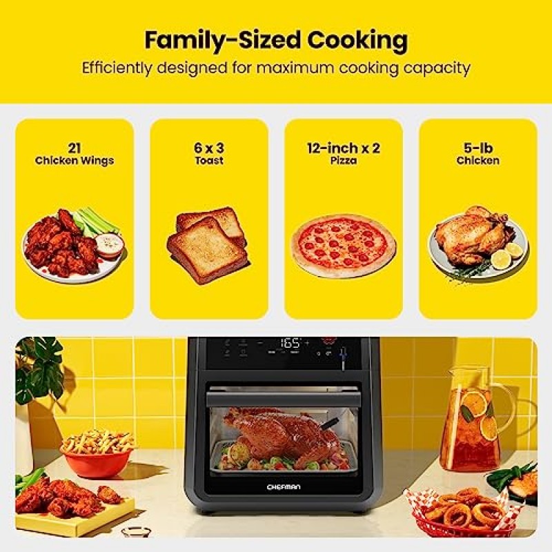 CHEFMAN ExacTemp™ 12쿼트 5-in-1 에어프라이어(통합 스마트 조리 온도계, 터치스크린 사전 설정 28개, 로티세리, 탈수기, 베이킹, 자동 차단 기능이 있는 XL 대류 오븐, 블랙)