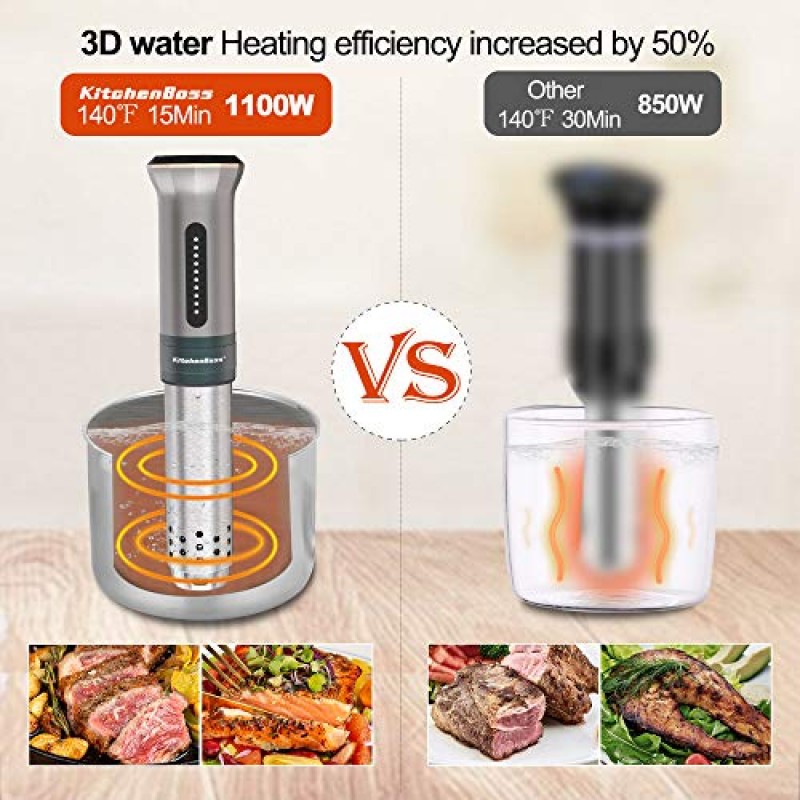 KitchenBoss Sous Vide Cooker 기계: 매우 조용한 1100W IPX7 방수 수열 침수 순환기 정확한 온도 제어 디지털 디스플레이 느린 요리 Sous-vide