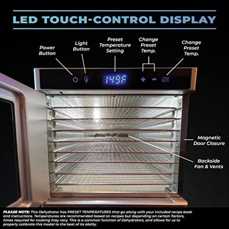 데날리의 비스트 | 8 레이어 스테인레스 스틸 식품 탈수기 | 100가지 레시피 및 전체 지침 | 육포, 과일 가죽, 채소 | 실버, LED 터치, 타이머 및 저소음 팬 | Denali는 미국 회사입니다. (The BEAST 8단 탈수기)