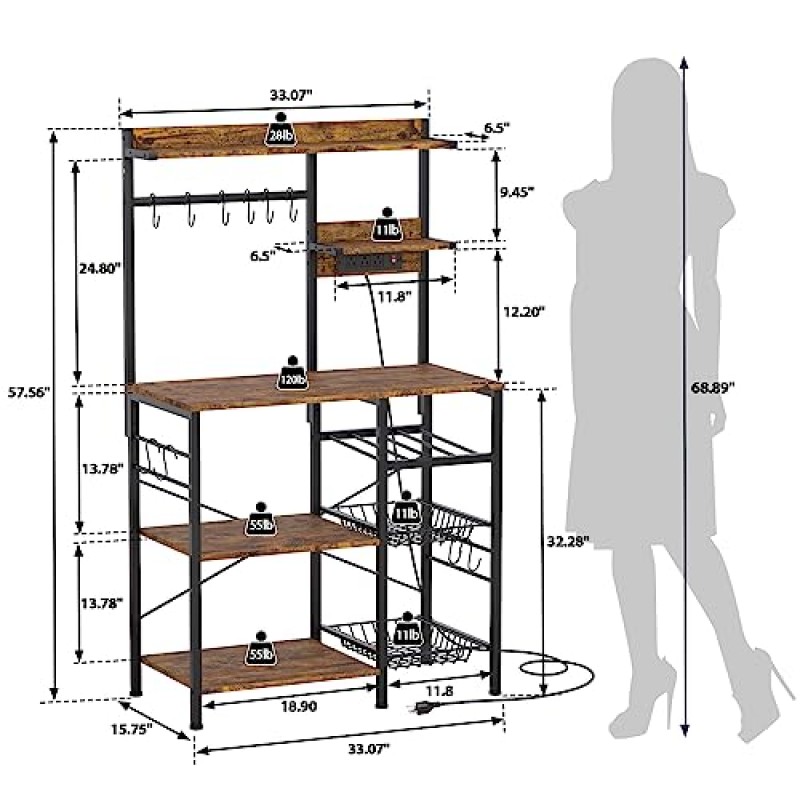 전원 콘센트가 있는 Furologee 주방 베이커 랙, 5단 다용도 보관 선반이 있는 전자레인지 스탠드, 와인 랙이 있는 커피 바 스테이션 정리함, 러스틱 브라운