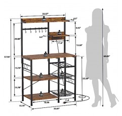 전원 콘센트가 있는 Furologee 주방 베이커 랙, 5단 다용도 보관 선반이 있는 전자레인지 스탠드, 와인 랙이 있는 커피 바 스테이션 정리함, 러스틱 브라운