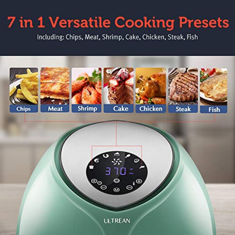 Ultrean Air Fryer 6쿼트, 대형 가족용 전기 핫 에어프라이어 XL 오븐 오일리스 쿠커, 7가지 사전 설정, LCD 디지털 터치 스크린 및 붙지 않는 분리형 바구니, UL 인증, 1700W(파란색)