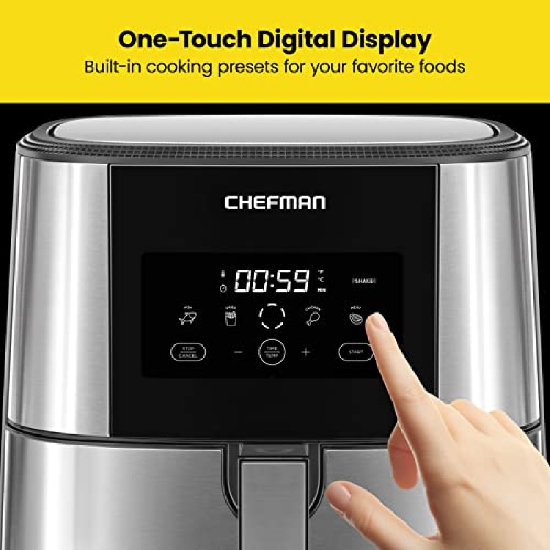 Chefman TurboFry® 터치 에어 프라이어, XL 8쿼트 패밀리 사이즈, 원터치 디지털 제어 사전 설정, 감자 튀김, 닭고기, 고기, 생선, 붙지 않는 식기세척기 사용 가능 부품, 자동 차단, 스테인리스 스틸