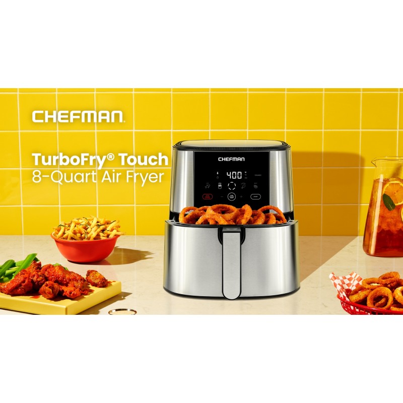 Chefman TurboFry® 터치 에어 프라이어, XL 8쿼트 패밀리 사이즈, 원터치 디지털 제어 사전 설정, 감자 튀김, 닭고기, 고기, 생선, 붙지 않는 식기세척기 사용 가능 부품, 자동 차단, 스테인리스 스틸