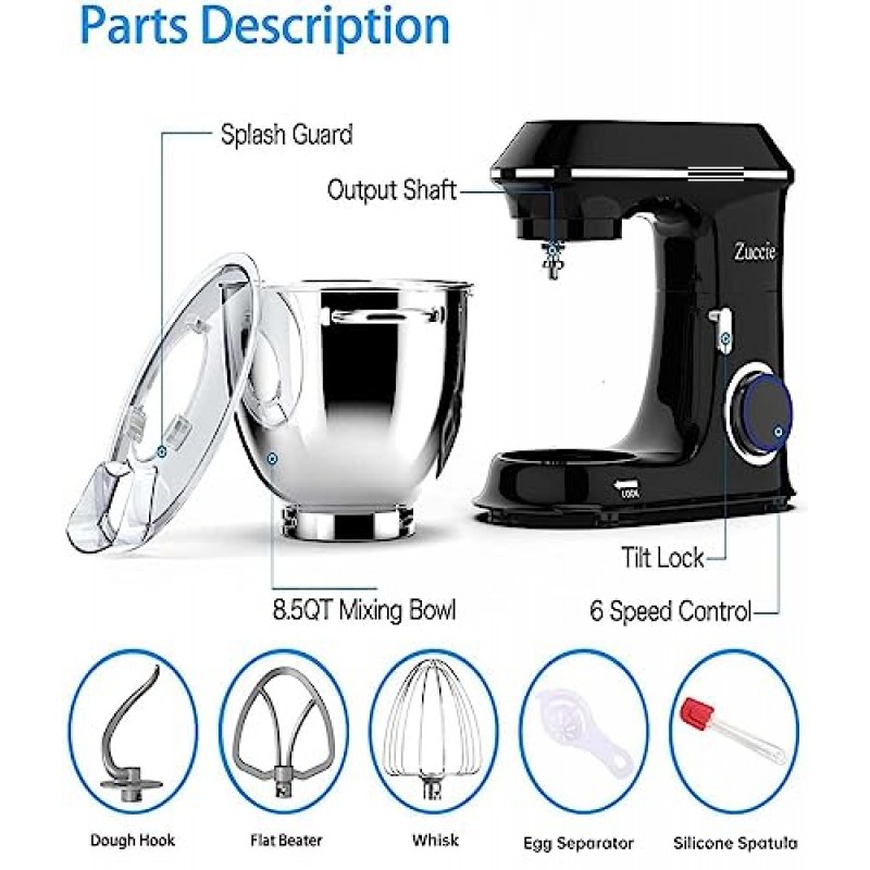 Zuccie 3-IN-1 스탠드 믹서, 660W 믹서 주방 전기 스탠드 믹서에는 8.5QT 그릇, 반죽 후크, 비터, 거품기 및 스플래시 가드, 대부분의 가정 요리사를 위한 6단 반죽 믹서 포함(검은색)