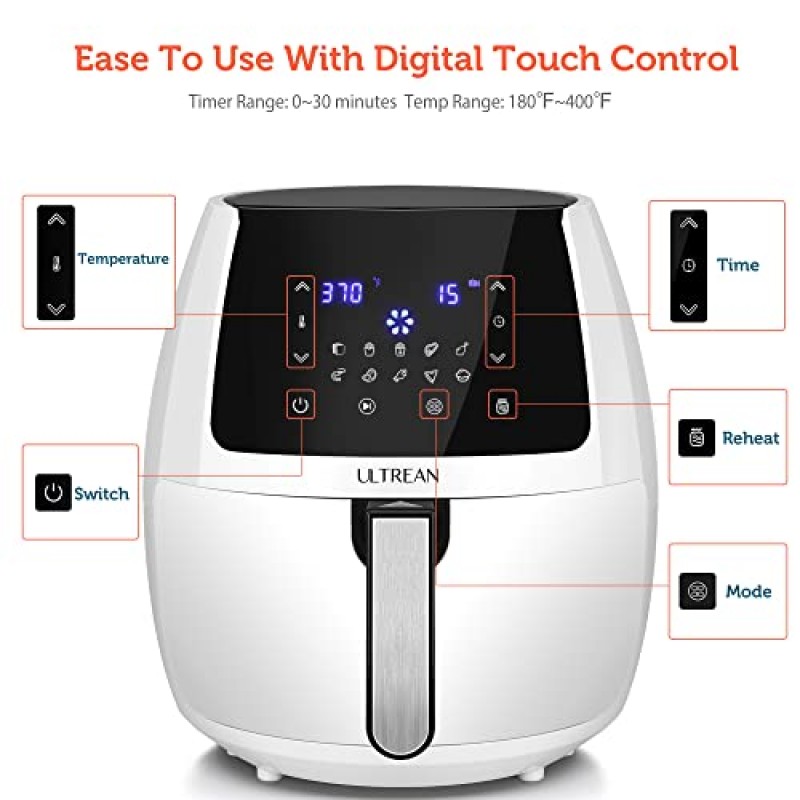 Ultrean 5.8쿼트 에어 프라이어, 대형 패밀리 사이즈 전기 뜨거운 공기 프라이어 오일리스 쿠커(10개 사전 설정 포함), 디지털 LCD 터치 스크린, 붙지 않는 바구니, 1700W, UL 등록(흰색)