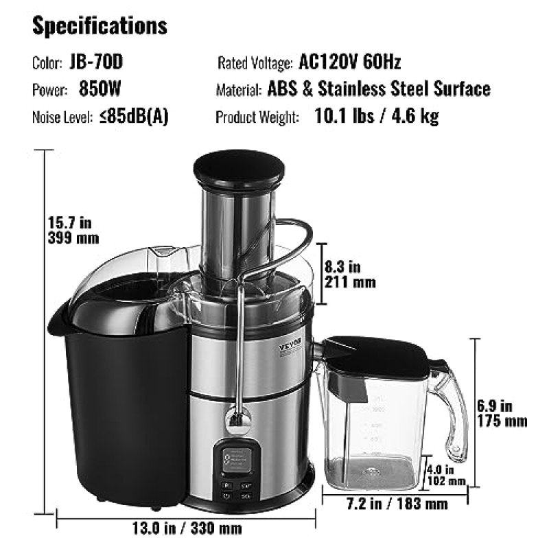 VEVOR 주서기 기계, 850W 모터 원심 분리형 주스 추출기, 간편한 세척 원심형 주서기, 큰 입 대형 3