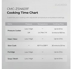 CUCKOO 압력솥 10 메뉴 옵션: 찜기, 슬로우 쿡, 소테, 죽 등, 사용하기 쉬운 LED 디스플레이, 스테인리스 내솥, 24컵/6쿼트. (생) CMC-ZSN601F 검정색