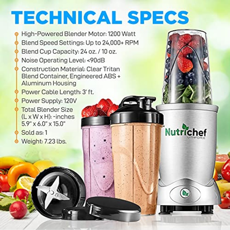 NutriChef 개인용 전기 1회용 블렌더 - 1200W 전문 주방 조리대 미니 블렌더 쉐이크 및 스무디, 펄스 블렌드 포함, 편리함, 휴대용 10 및 24온스 컵 - NutriChef NCBL12