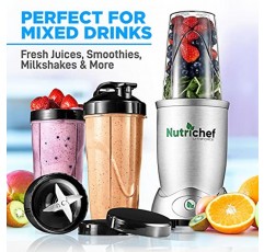 NutriChef 개인용 전기 1회용 블렌더 - 1200W 전문 주방 조리대 미니 블렌더 쉐이크 및 스무디, 펄스 블렌드 포함, 편리함, 휴대용 10 및 24온스 컵 - NutriChef NCBL12