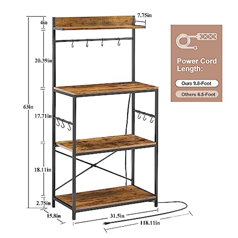 전원 콘센트가 있는 VECELO 베이커 랙, 4단 전자레인지 스탠드, 커피 바 스테이션, 주방 보관 선반, S자형 후크 10개, 러스틱 브라운