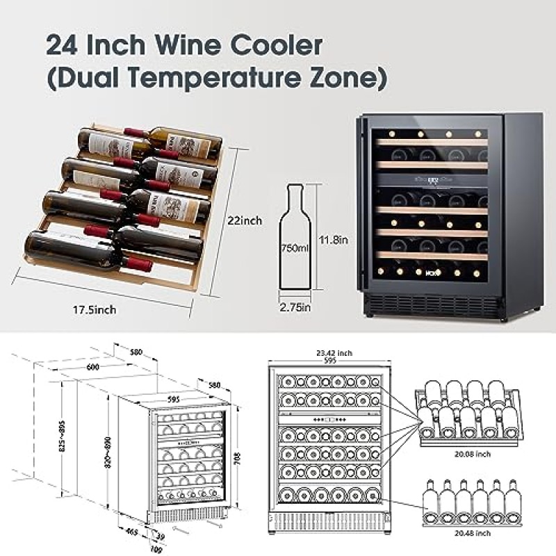HCK 24인치 듀얼 존 와인 쿨러, 46병 용량, 조용한 작동, LED 조명, 전자 온도 조절기, 김서림 방지 유리, 내장형 디자인