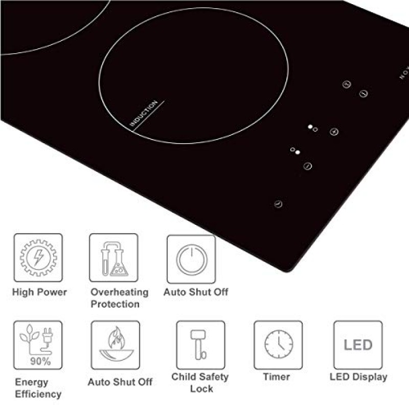 NOXTON 인덕션 쿡탑, 버너 2개 내장 전기 스토브 상단 호브(터치 제어 포함) 어린이 안전 잠금 타이머 키 220V~240V용 하드 와이어 3500W 자동 차단