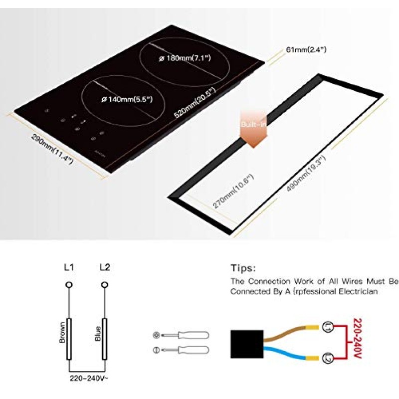 NOXTON 인덕션 쿡탑, 버너 2개 내장 전기 스토브 상단 호브(터치 제어 포함) 어린이 안전 잠금 타이머 키 220V~240V용 하드 와이어 3500W 자동 차단