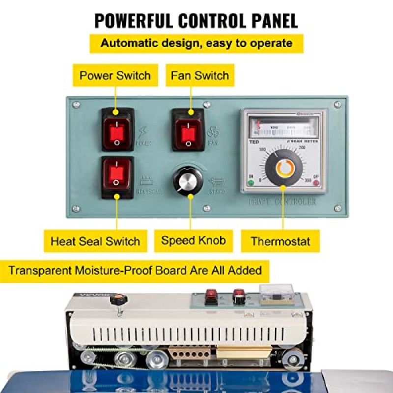 VEVOR 연속 밴드 실러, 0.24-0.6인치/6-15mm 씰 폭, FR900 110V/60Hz 수평 씰링 기계, PVC 멤브레인 백 필름용 디지털 온도 제어 기능이 있는 밴드 히트 실러