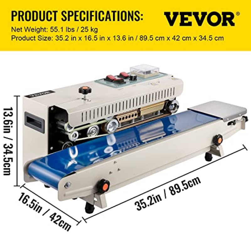 VEVOR 연속 밴드 실러, 0.24-0.6인치/6-15mm 씰 폭, FR900 110V/60Hz 수평 씰링 기계, PVC 멤브레인 백 필름용 디지털 온도 제어 기능이 있는 밴드 히트 실러