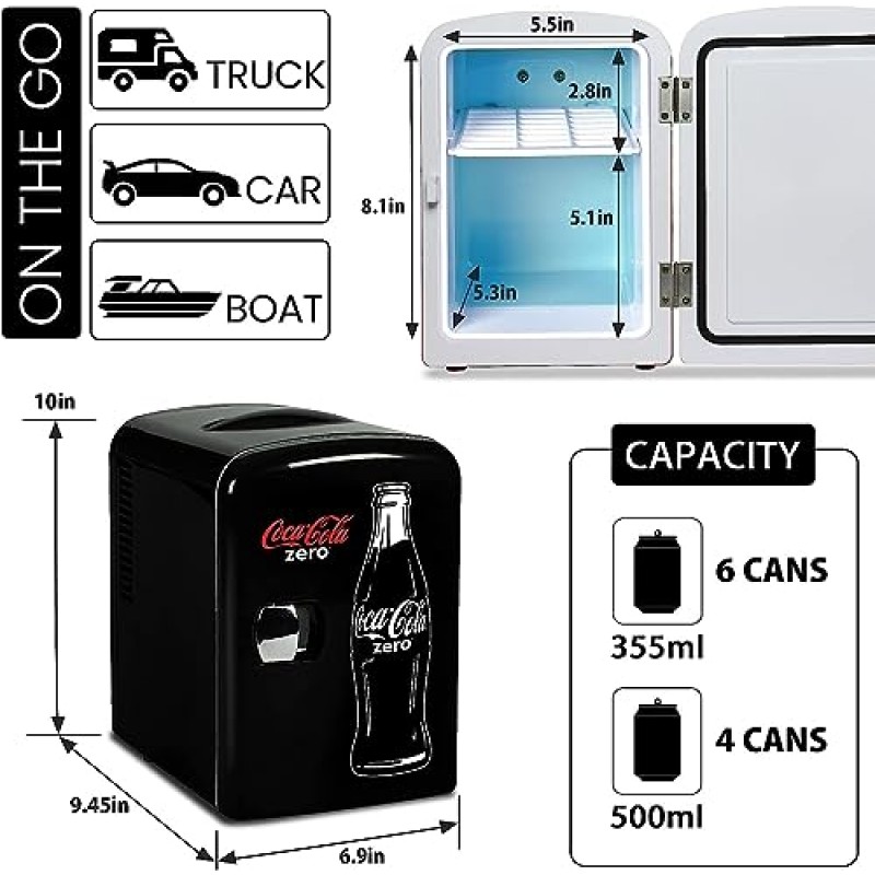 코카콜라 제로 CZ04 4리터/4.2쿼트 6캔 휴대용 쿨러/소형 냉장고, 음료, 이유식, 스킨케어 및 약물 - 가정, 사무실, 기숙사, 자동차, RV 또는 보트에서 사용 -AC 및 DC 플러그 포함, 블랙/레드