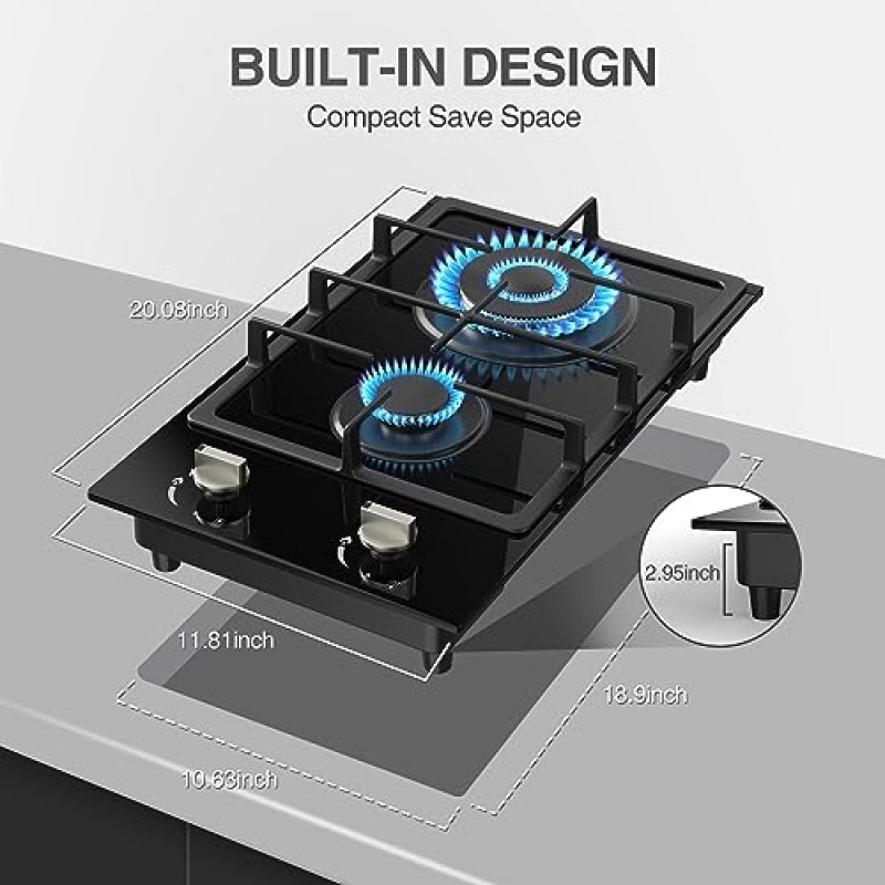 GIHETKUT 가스 쿡탑 2 버너, NG/LPG 이중 연료 가스 스토브 탑, 열전대 보호 기능이 내장된 가스 쿠커, 강화 유리 가스 프로판 쿡탑, 야외, 캠핑, RV용 전자 점화 가스 호브