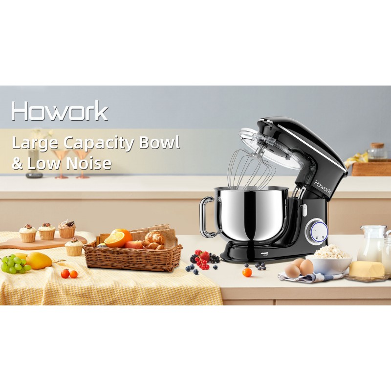 HOWORK 8.5QT 스탠드 믹서, 660W 6+P 속도 틸트 헤드, 식기세척기 사용 가능한 반죽 후크, 비터, 와이어 휩 및 푸어링 쉴드가 포함된 전기 주방 믹서(8.5QT, 검정색)