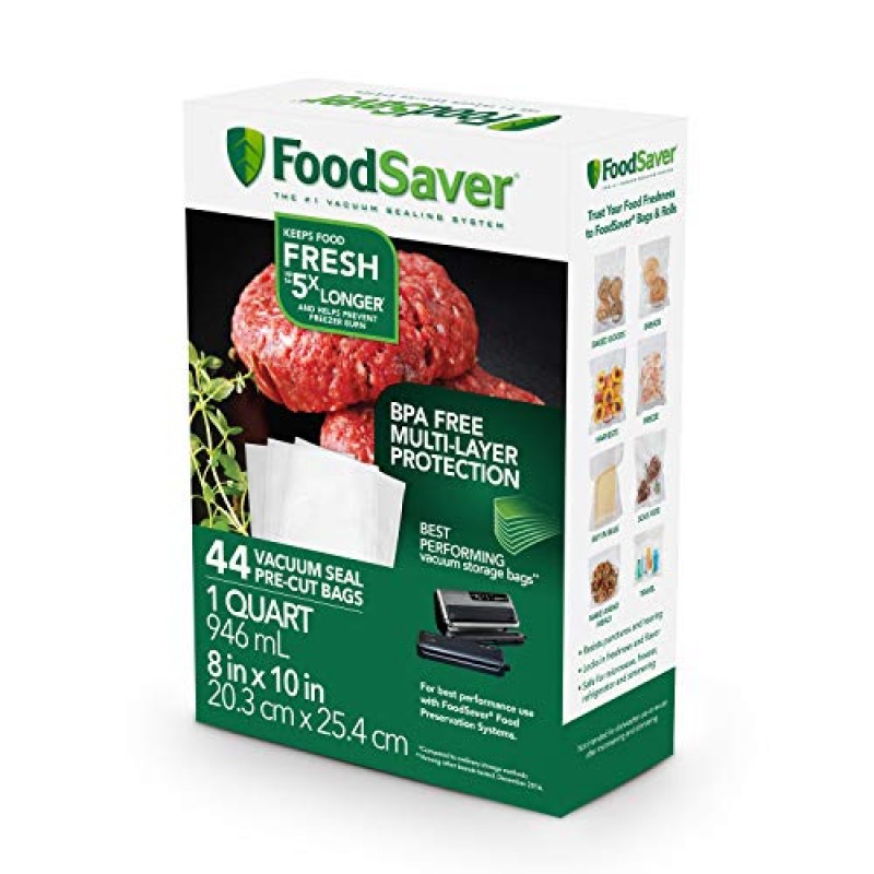 FoodSaver V4840 2-in-1 진공 실러 기계, 실버, 18.80 x 9.50 x 10.60인치 및 식품 보존을 위한 BPA 프리 다층 구조의 1쿼트 사전 절단 진공 밀봉 백, 44개