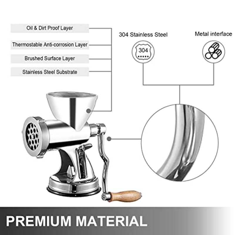 VBENLEM 고기 분쇄기 수동 304 스테인레스 스틸 핸드 흡입 컵베이스 및 야채 분쇄 및 소시지 채우기 용 충전 노즐이있는 클램프, 6.7x6x9.6 인치, 은색