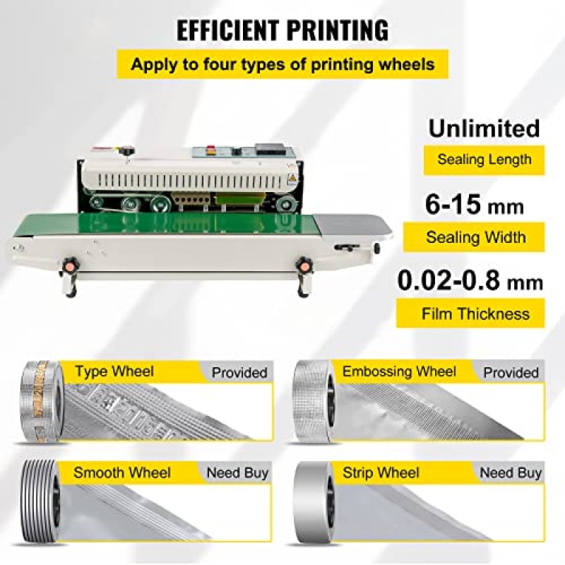 VEVOR 연속 백 밴드 씰링 기계 디지털 온도 제어 기능이 있는 FR900K 밴드 실러 기계 0.02-0.08 mm 비닐 봉투용 수평 백 실러 인쇄 기능이 있는 연속 밴드 실러