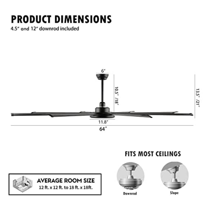 WINGBO 64인치 천장 선풍기(조명 및 리모컨 포함), 매트 검정색 천장 선풍기, 8개의 양방향 블레이드, 6단 무소음 DC 모터, 주방 침실 거실용 현대식 천장 선풍기, ETL 등재