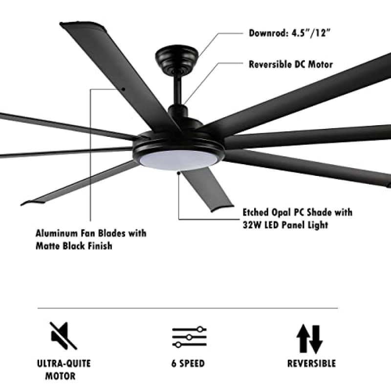 WINGBO 64인치 천장 선풍기(조명 및 리모컨 포함), 매트 검정색 천장 선풍기, 8개의 양방향 블레이드, 6단 무소음 DC 모터, 주방 침실 거실용 현대식 천장 선풍기, ETL 등재